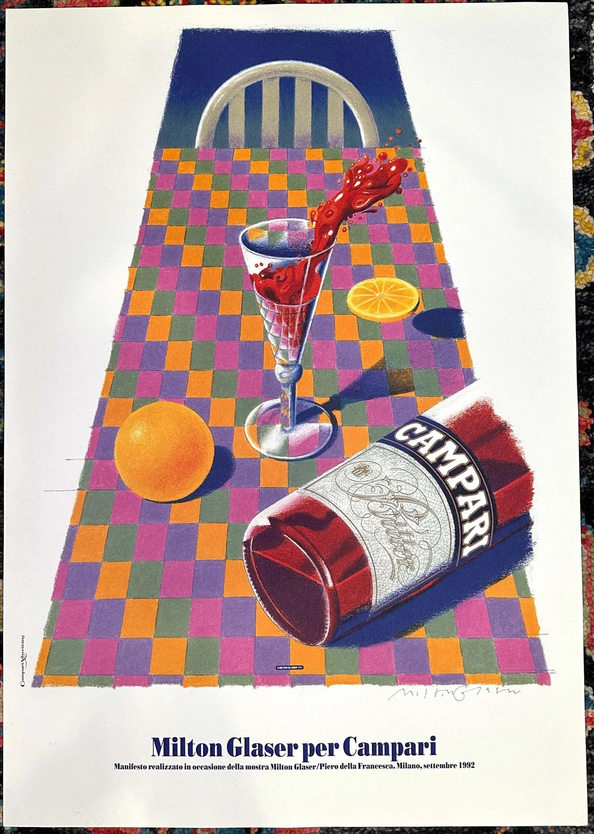 Milton Glaser signed Campari lithograph art poster from 1992, featuring vibrant vintage design by renowned artist.