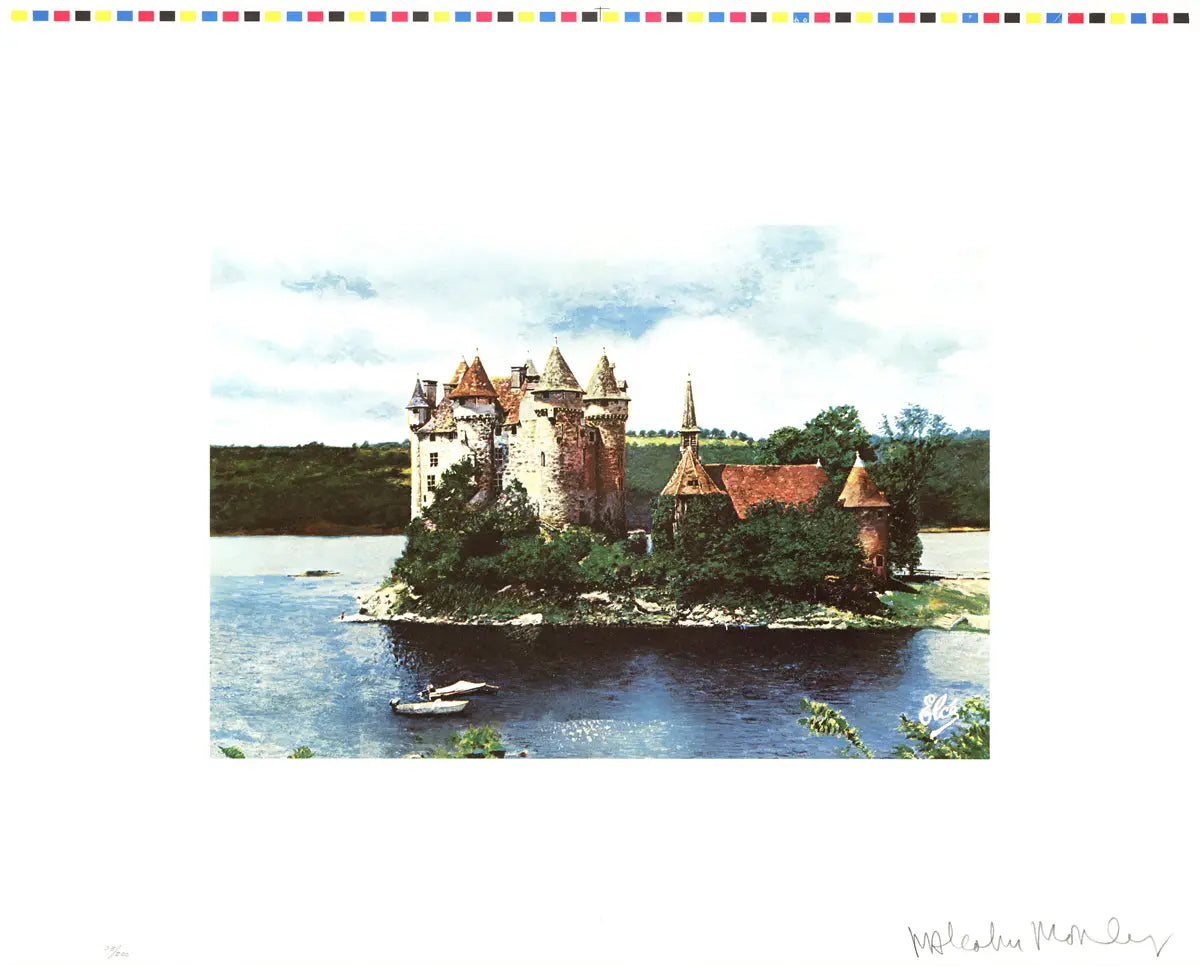 Signed Malcolm Morley Rhine Chateau 1972 limited edition offset lithograph, showcasing vibrant colors and detailed artwork.