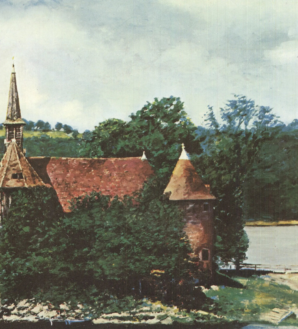Signed Malcolm Morley Rhine Chateau 1972 limited edition offset lithograph, featuring detailed artwork of a historic castle.