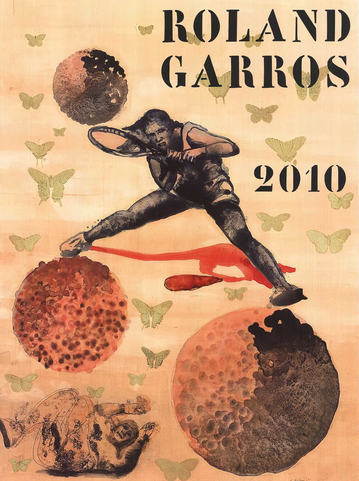 Original signed Nalini Malani lithograph featuring Roland Garros 2010 French Open artwork, vibrant and detailed art print.