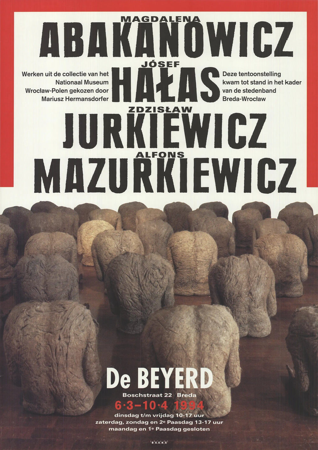 Poster for Magdalena Abakanowicz 1994 art exhibition at National Museum Wroclaw, featuring abstract artwork and exhibition details.