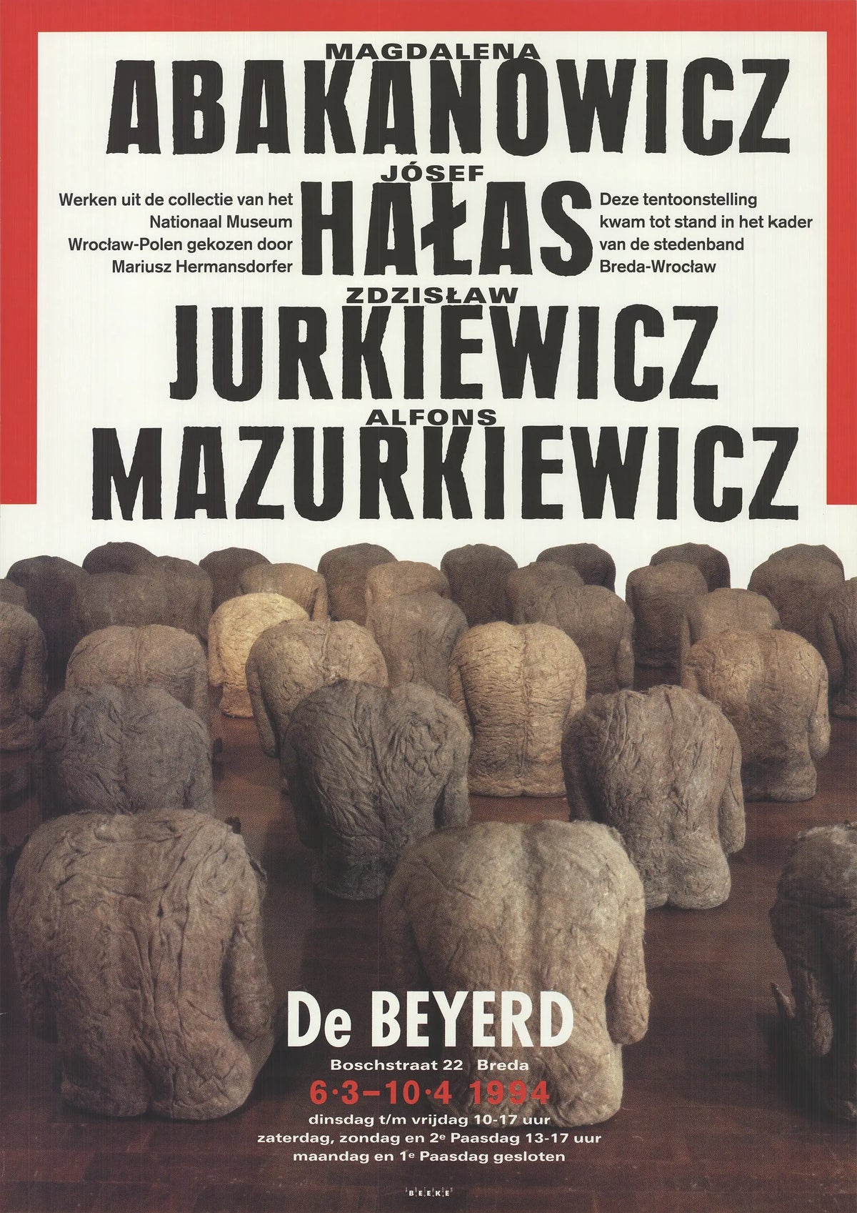 Poster for Magdalena Abakanowicz 1994 art exhibition at National Museum Wroclaw, featuring abstract artwork and exhibition details.