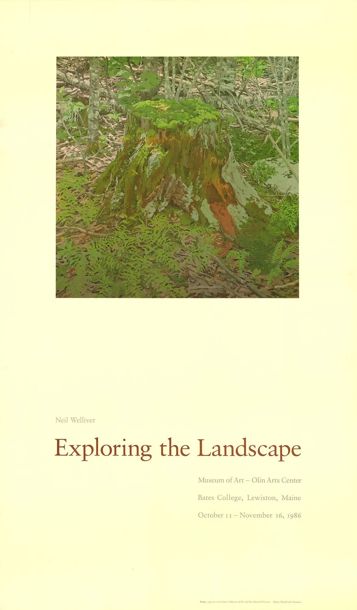 Original Neil Welliver Stump 1975 exhibition poster, offset lithograph artwork showcasing natural landscape themes.