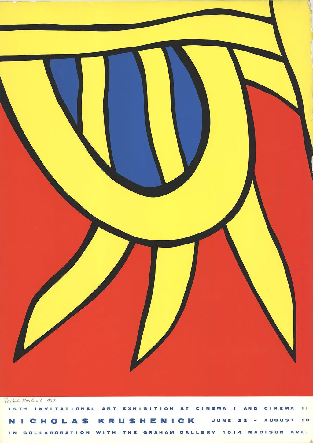 Signed 1965 Nicholas Krushenick Cinema Invitational serigraph poster featuring vibrant abstract artwork and bold colors.