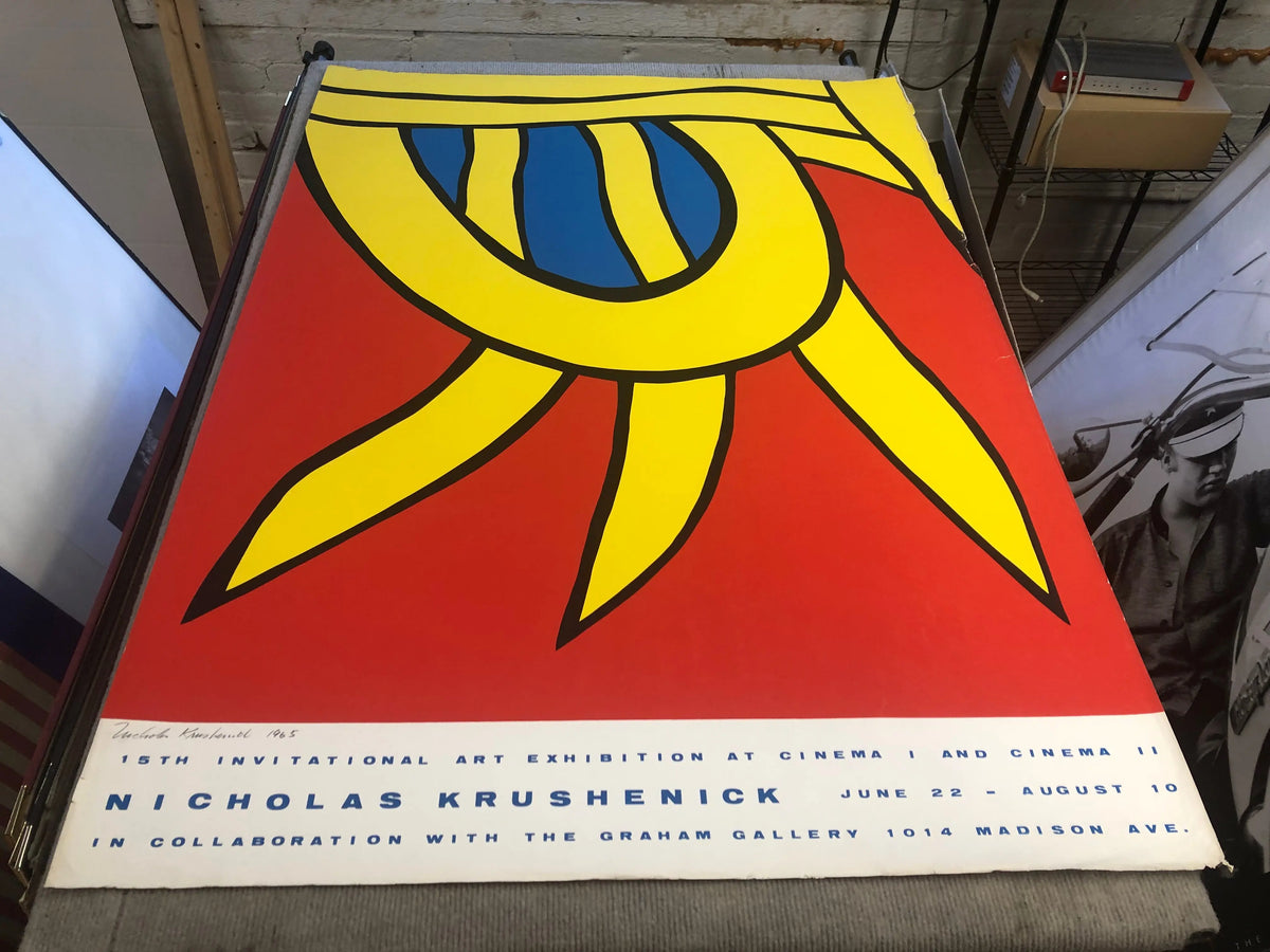 Signed 1965 Nicholas Krushenick Cinema Invitational serigraph poster featuring bold abstract artwork and vibrant colors.