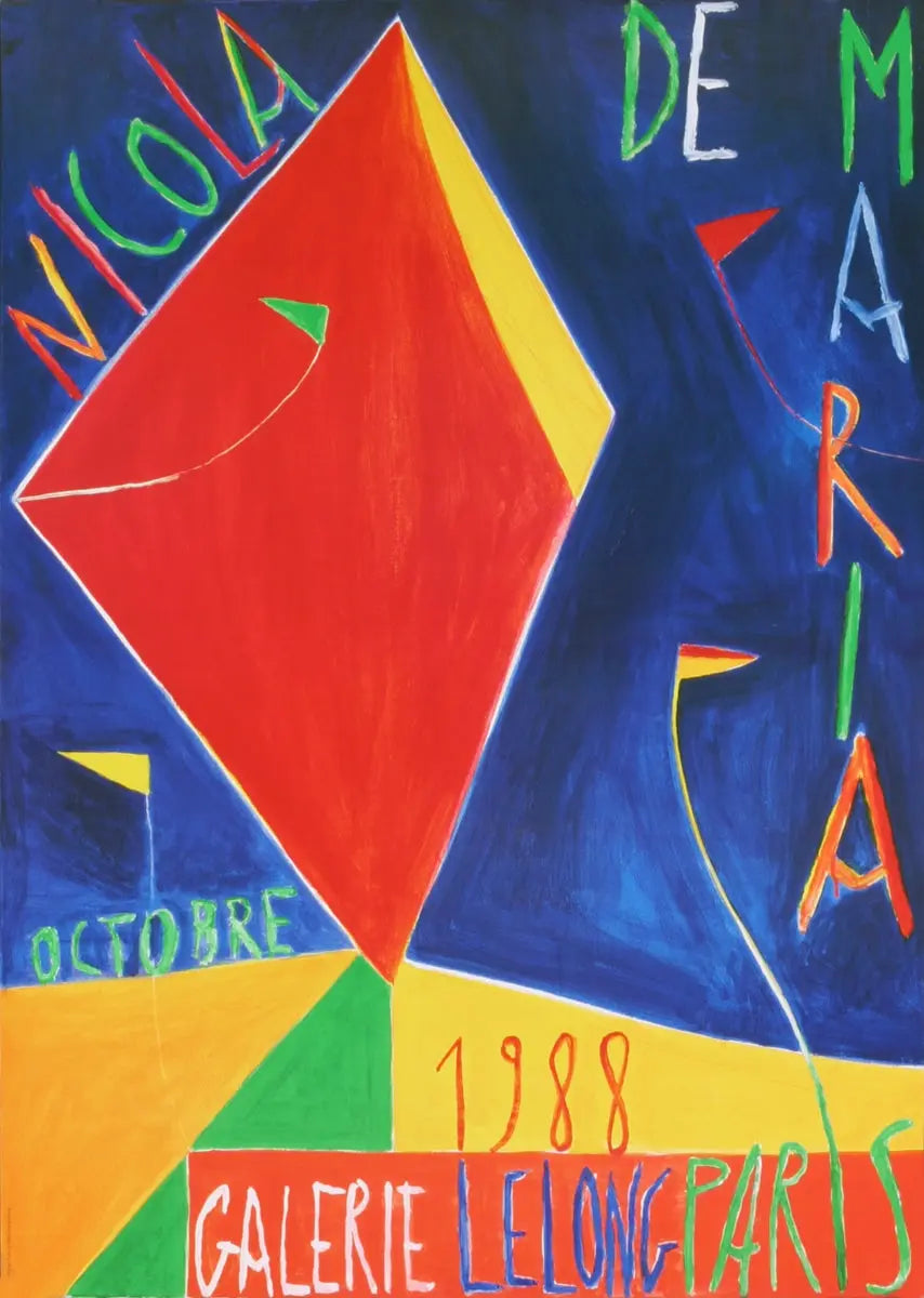 Abstract art poster by Nicola de Maria from the 1988 Galerie Lelong exhibition, featuring vibrant colors and dynamic shapes.