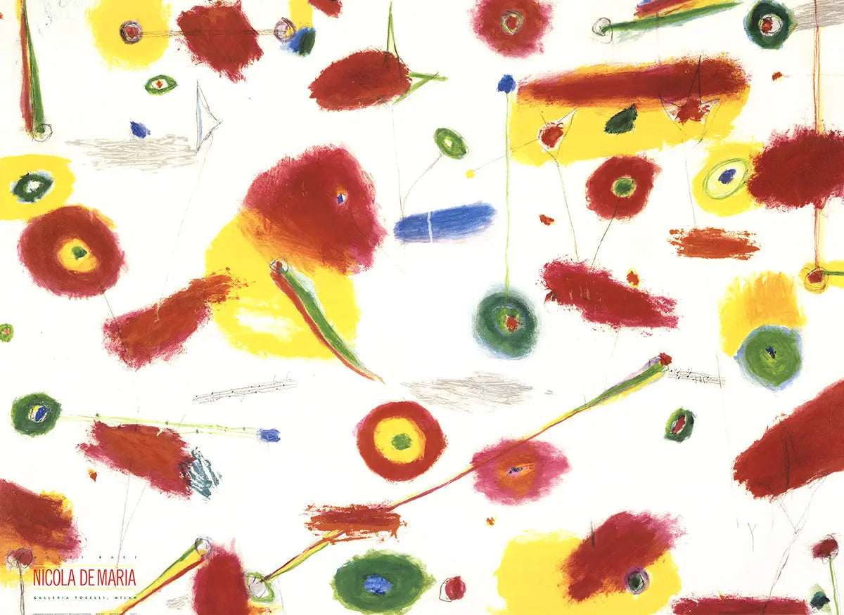 Large offset lithograph exhibition poster for Nicola de Maria's "Many Kisses" 1989 artwork, featuring vibrant abstract shapes.