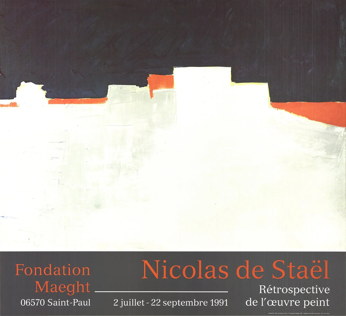Abstract landscape lithograph art poster by Nicolas de Staël, featuring bold colors and textured brushstrokes in a 1991 artwork.