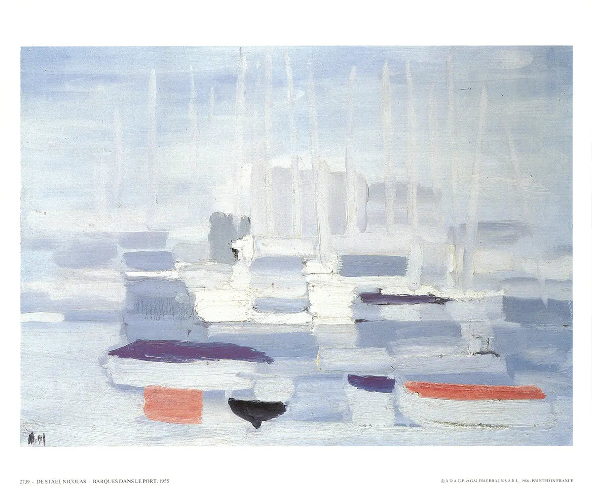Nicolas De Stael Boats in the Harbour 1986 lithograph print showcasing boats and harbor scene in vibrant colors.