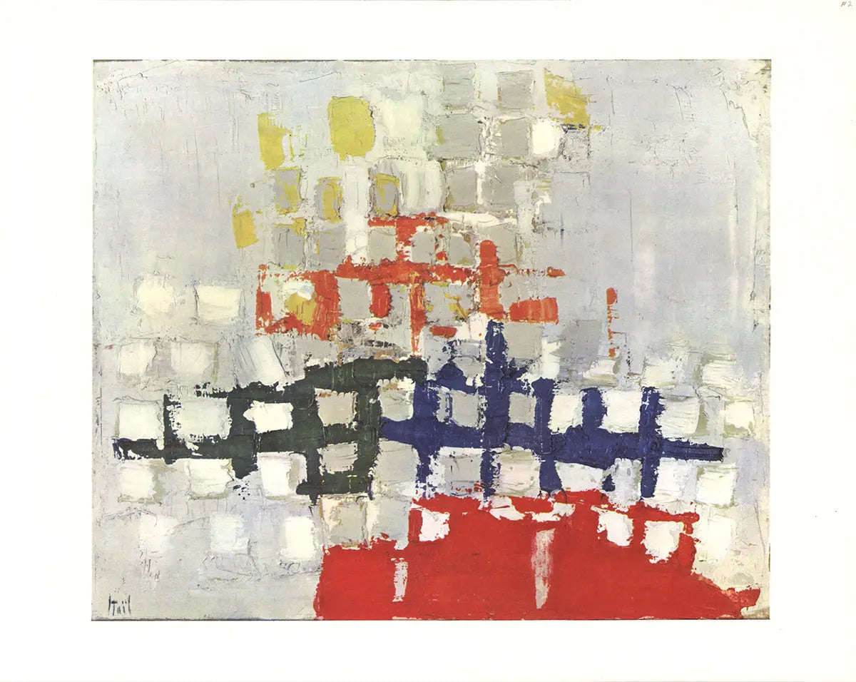 Abstract offset lithograph print of Nicolas De Staël's 1950 painting, showcasing bold shapes and vibrant colors.