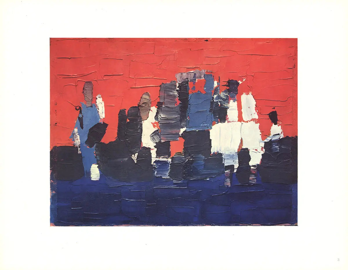 Modernist abstract lithograph print by Nicolas De Stael featuring bold colors and dynamic shapes in an offset lithograph.
