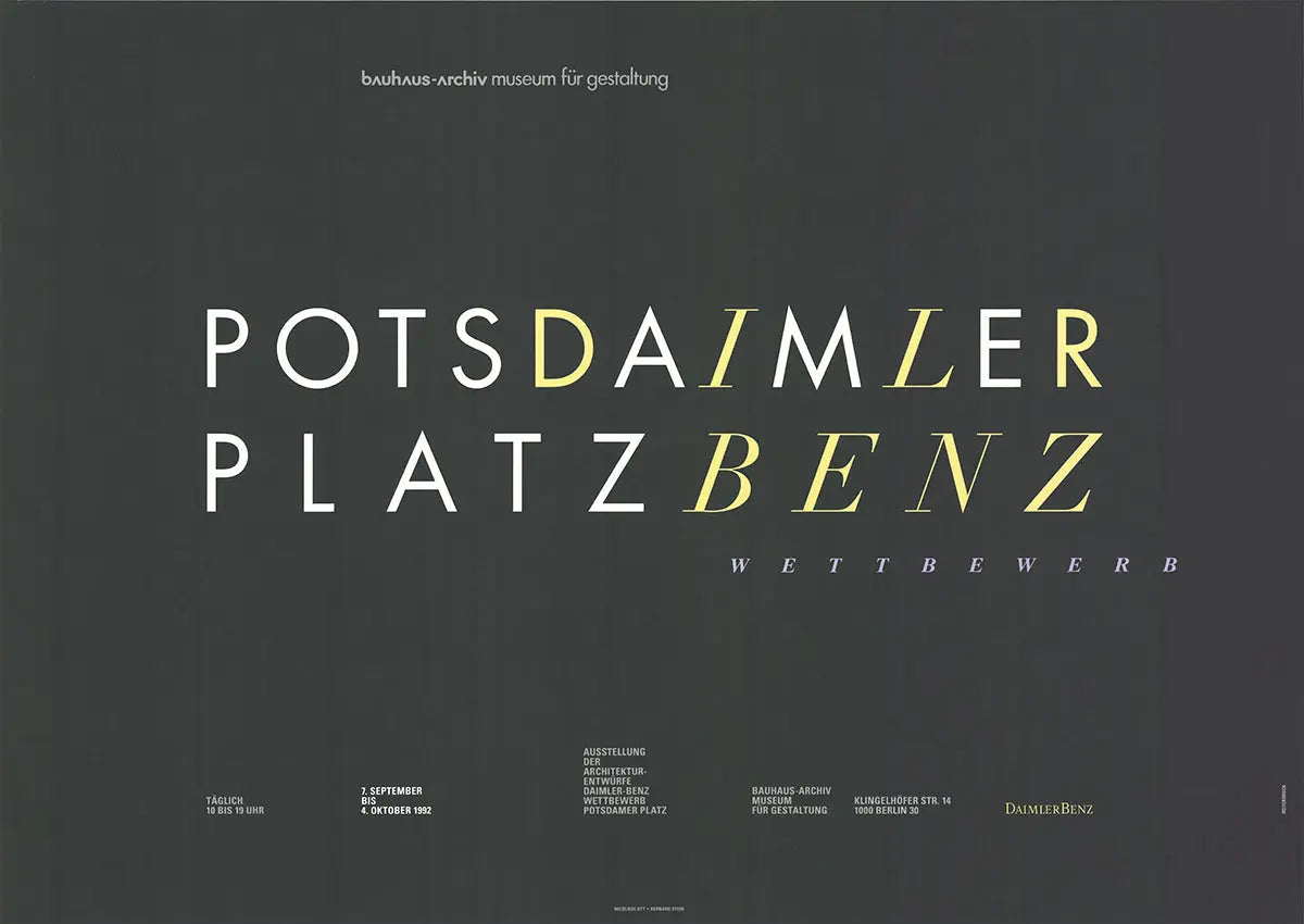 Nicolaus Ott Potsdamer Platz Benz Competition 1992 exhibition poster featuring vibrant artwork and bold typography.
