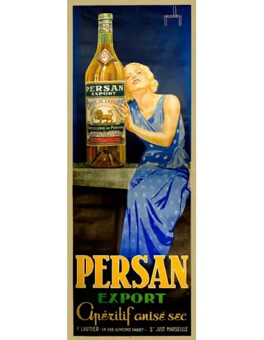 Original 1930 Nicolitch Persan Aperitif Anise French lithograph poster featuring vintage artwork and branding.