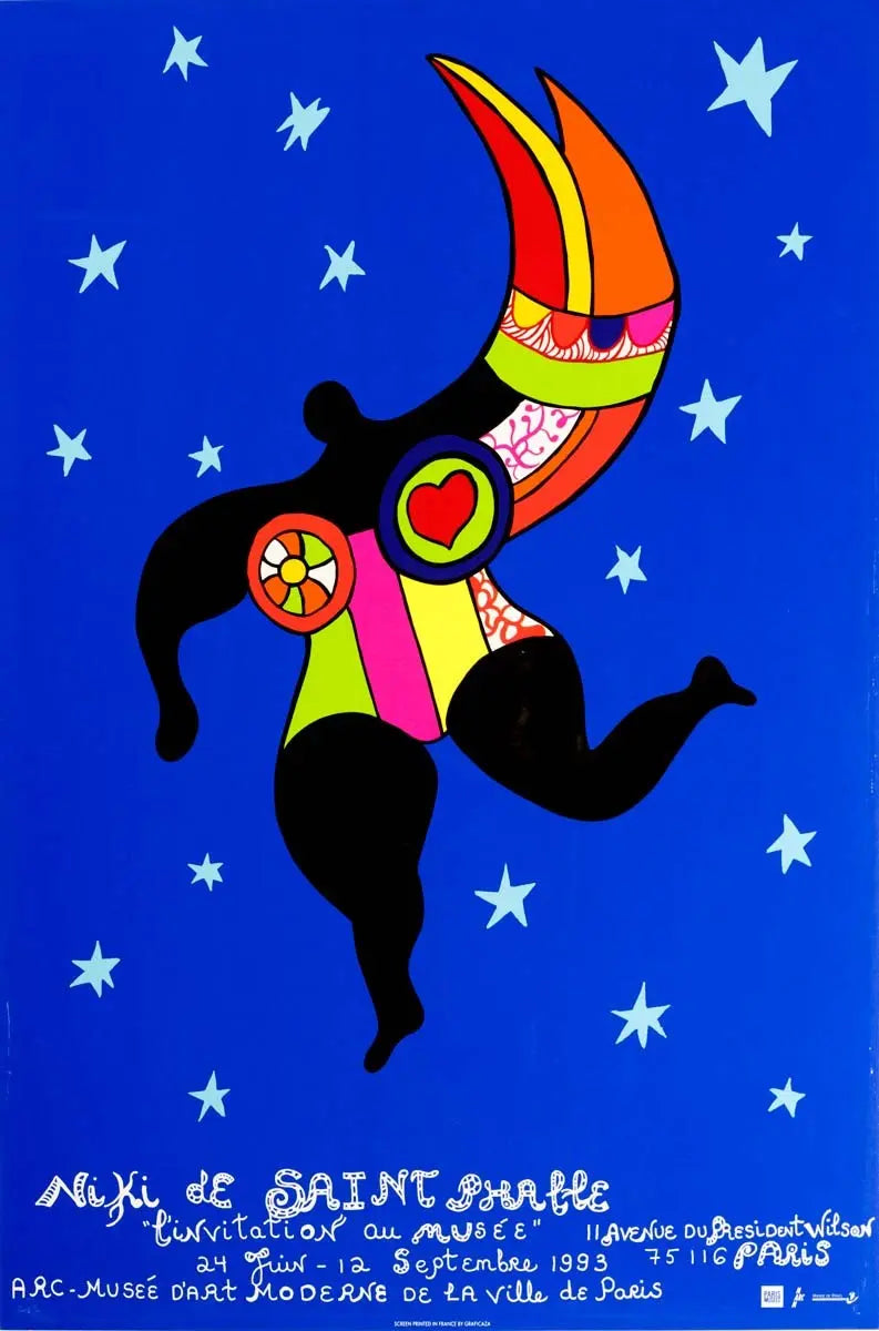 Original 1993 Niki de Saint Phalle serigraph poster from Paris exhibition, featuring vibrant artwork and bold colors.