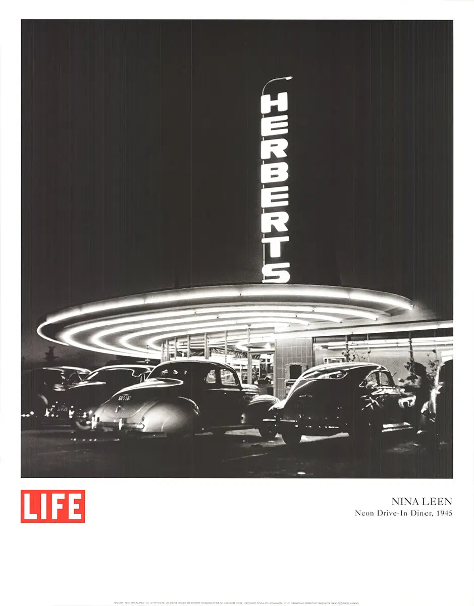 Nina Leen neon drive-in diner photography art poster print featuring vibrant neon signs and vintage diner scene.