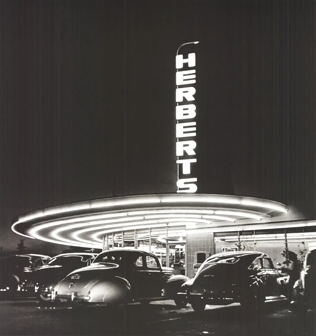 Nina Leen neon drive-in diner photography art poster print featuring vintage neon signs and retro diner scene.