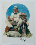 Norman Rockwell Catching the Big One 1993 offset lithograph poster featuring a fisherman with a large fish in a natural setting.