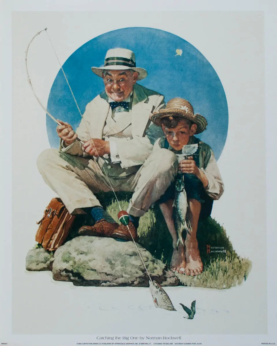 Norman Rockwell Catching the Big One 1993 offset lithograph poster featuring a fisherman with a large fish in a natural setting.