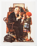 Norman Rockwell Doctor and the Doll offset lithograph art print showing a doctor with a young girl and doll in a detailed scene
