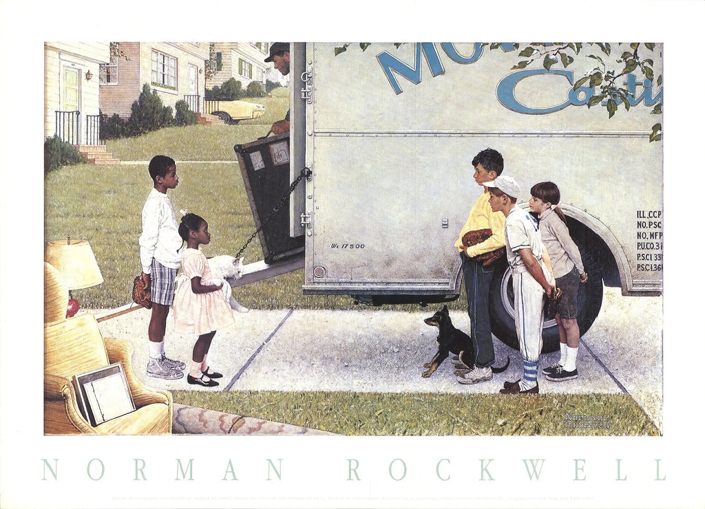 Norman Rockwell Moving In offset lithograph art print poster showing a family moving into a new home.