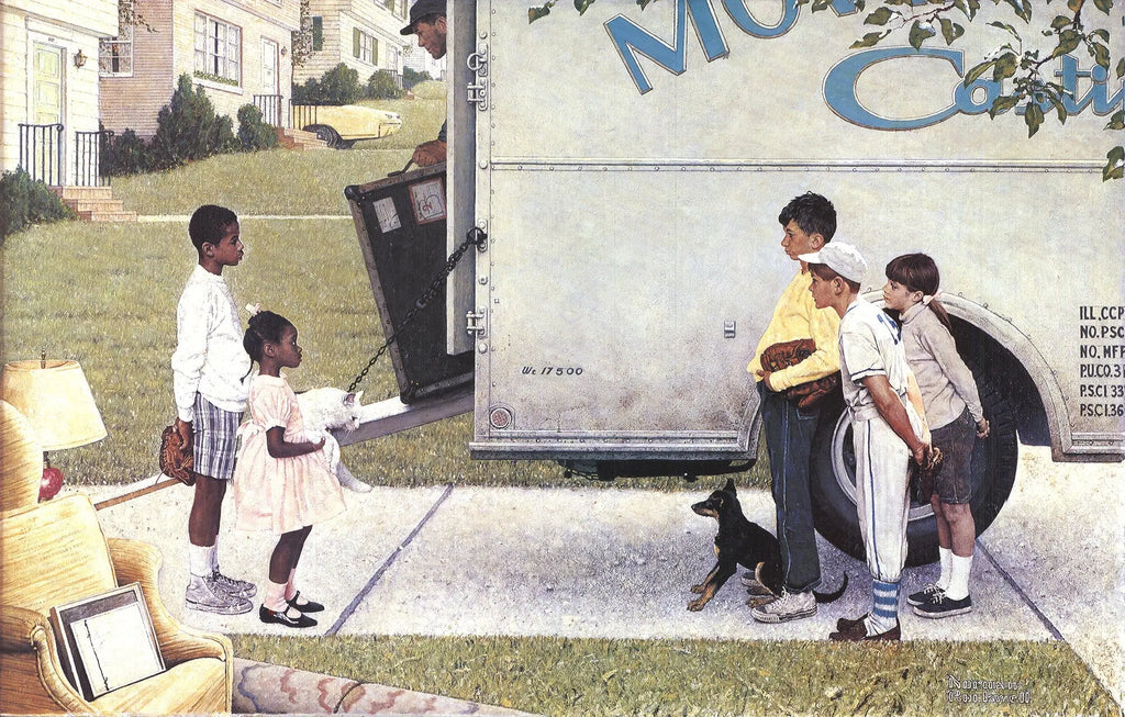 Norman Rockwell Moving In offset lithograph art print poster showing a family moving into a new home.