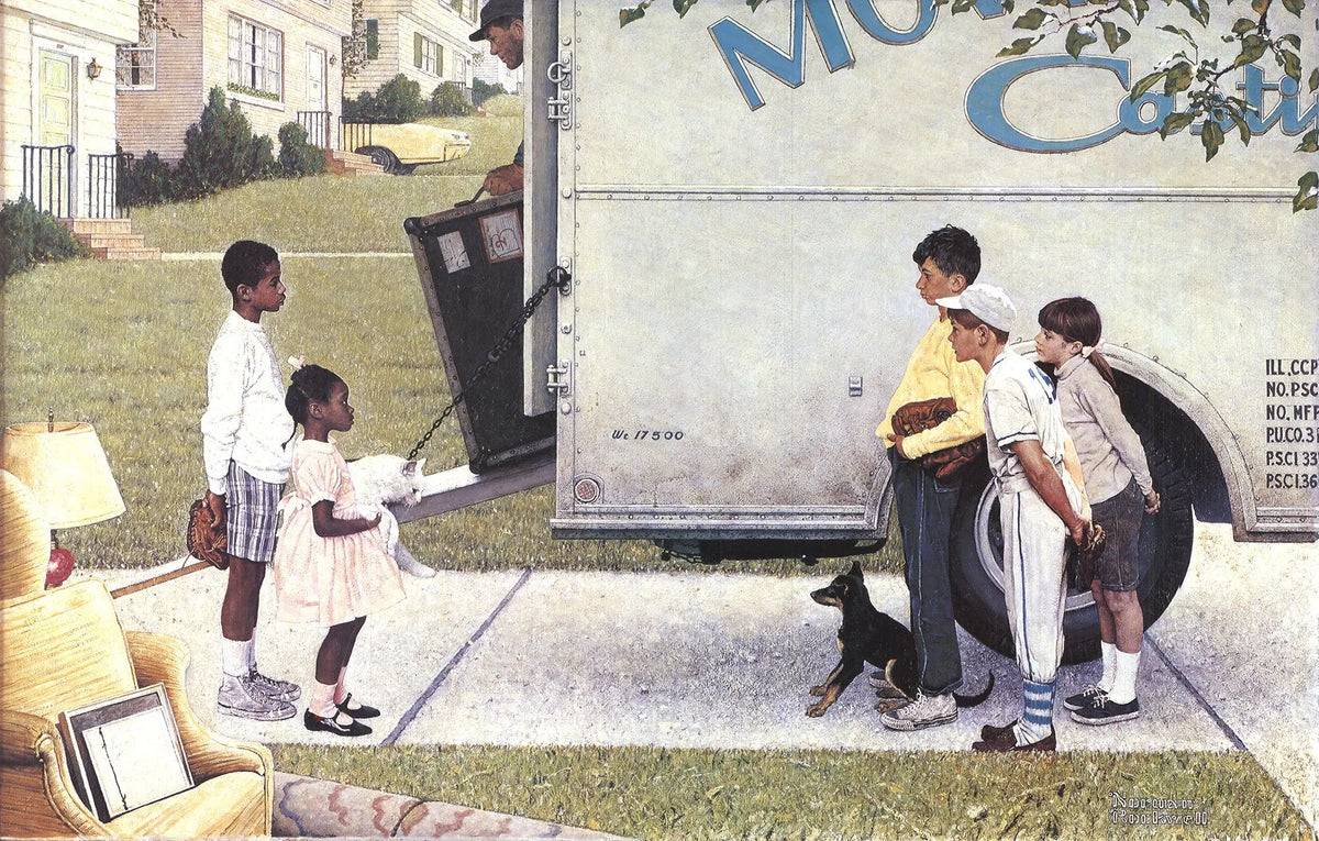Norman Rockwell Moving In offset lithograph art print poster showing a family moving into a new home.