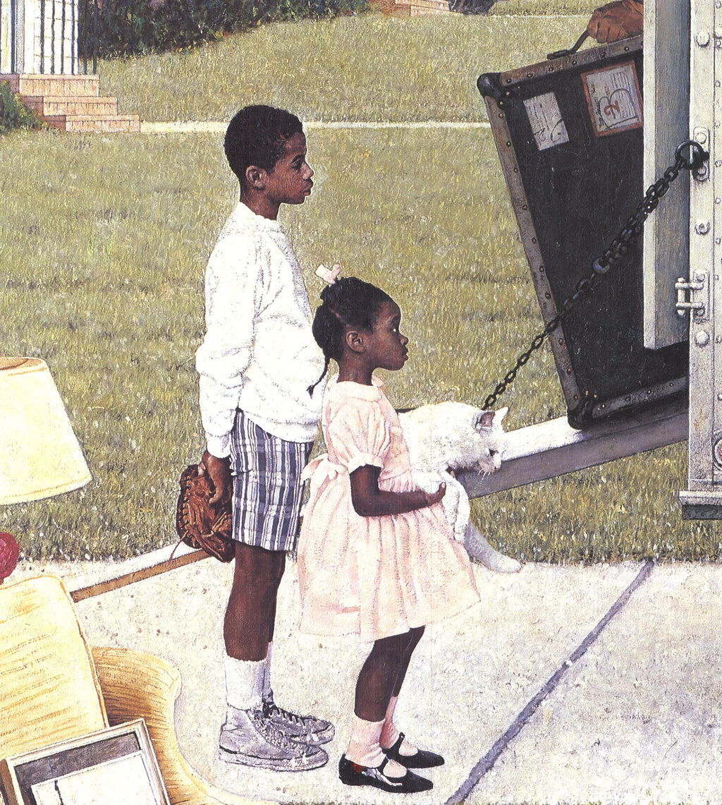Norman Rockwell Moving In offset lithograph art print poster showing a family moving into a new home with vintage style.