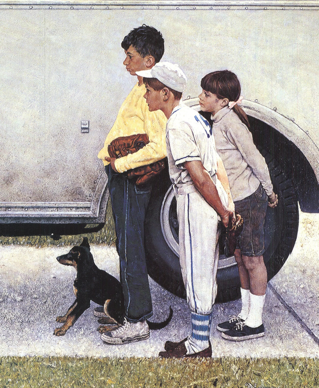 Norman Rockwell Moving In offset lithograph art print poster featuring a detailed, colorful scene of a family moving into a new home.