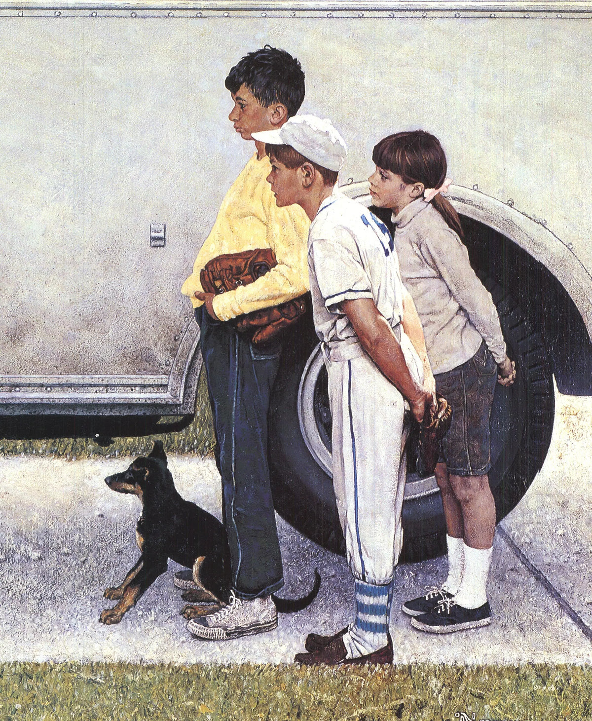 Norman Rockwell Moving In offset lithograph art print poster featuring a detailed, colorful scene of a family moving into a new home.