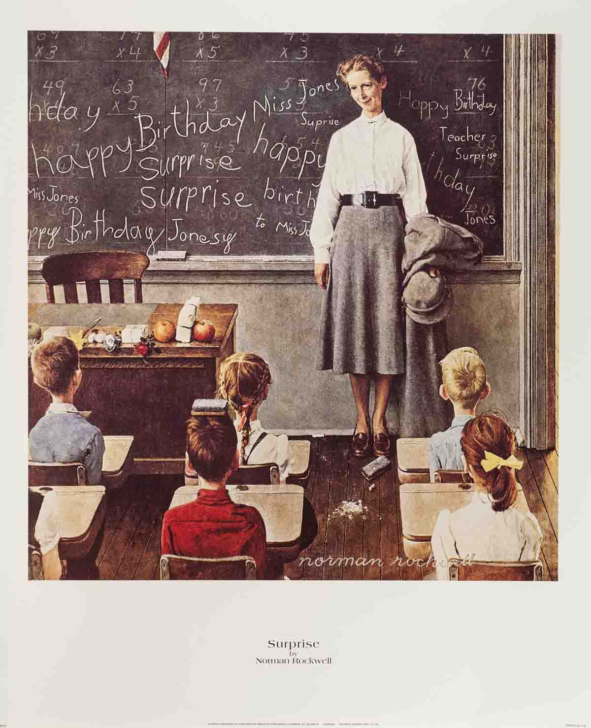 Norman Rockwell Surprise Teacher birthday classroom scene offset lithograph art print showing children and a smiling teacher.