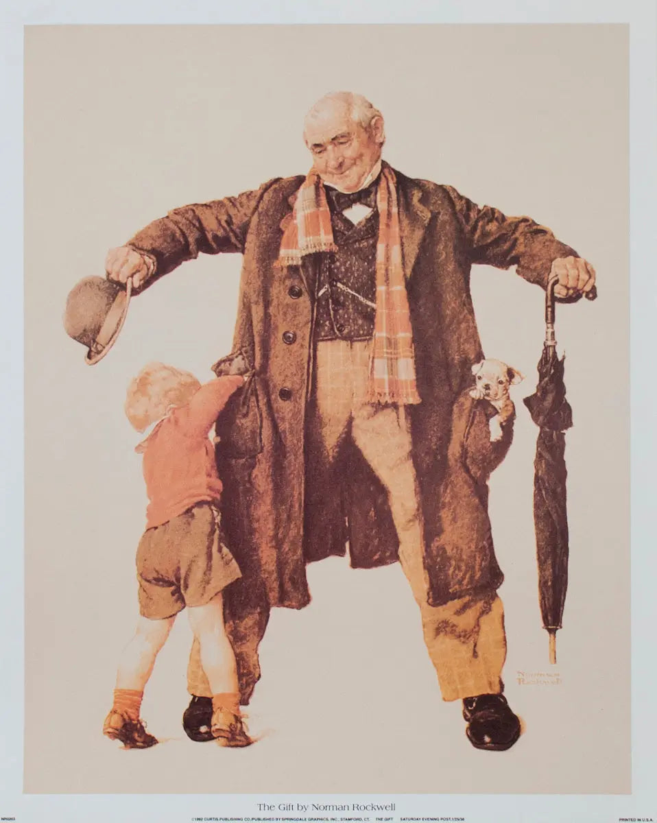 Norman Rockwell The Gift 1992 heartwarming offset lithograph art poster showing a nostalgic holiday scene