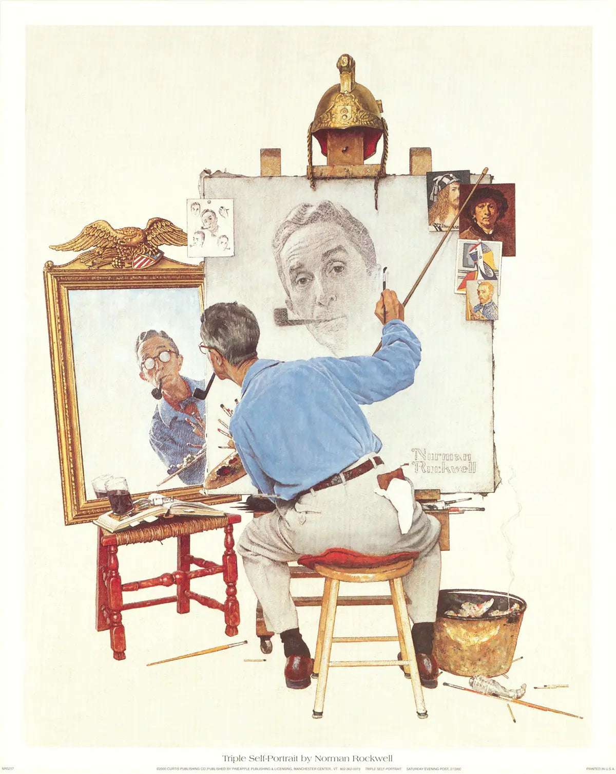 Norman Rockwell triple self-portrait authorized offset lithograph art print showing the artist's self-portraits in detailed illustration.