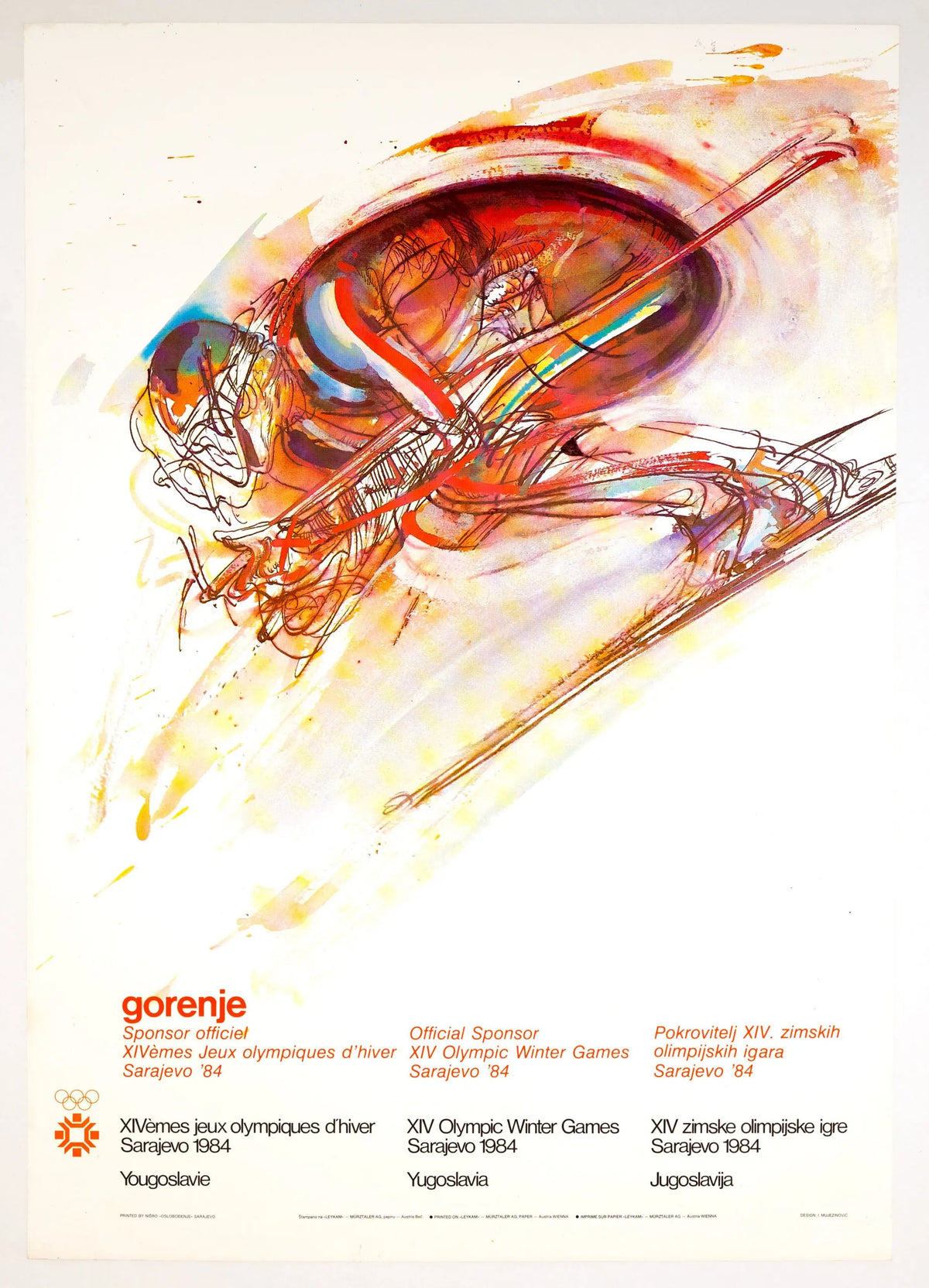 Official Olympic Committee 1984 Sarajevo Winter Olympics downhill racer poster by Mujezinović, featuring a skier in action.