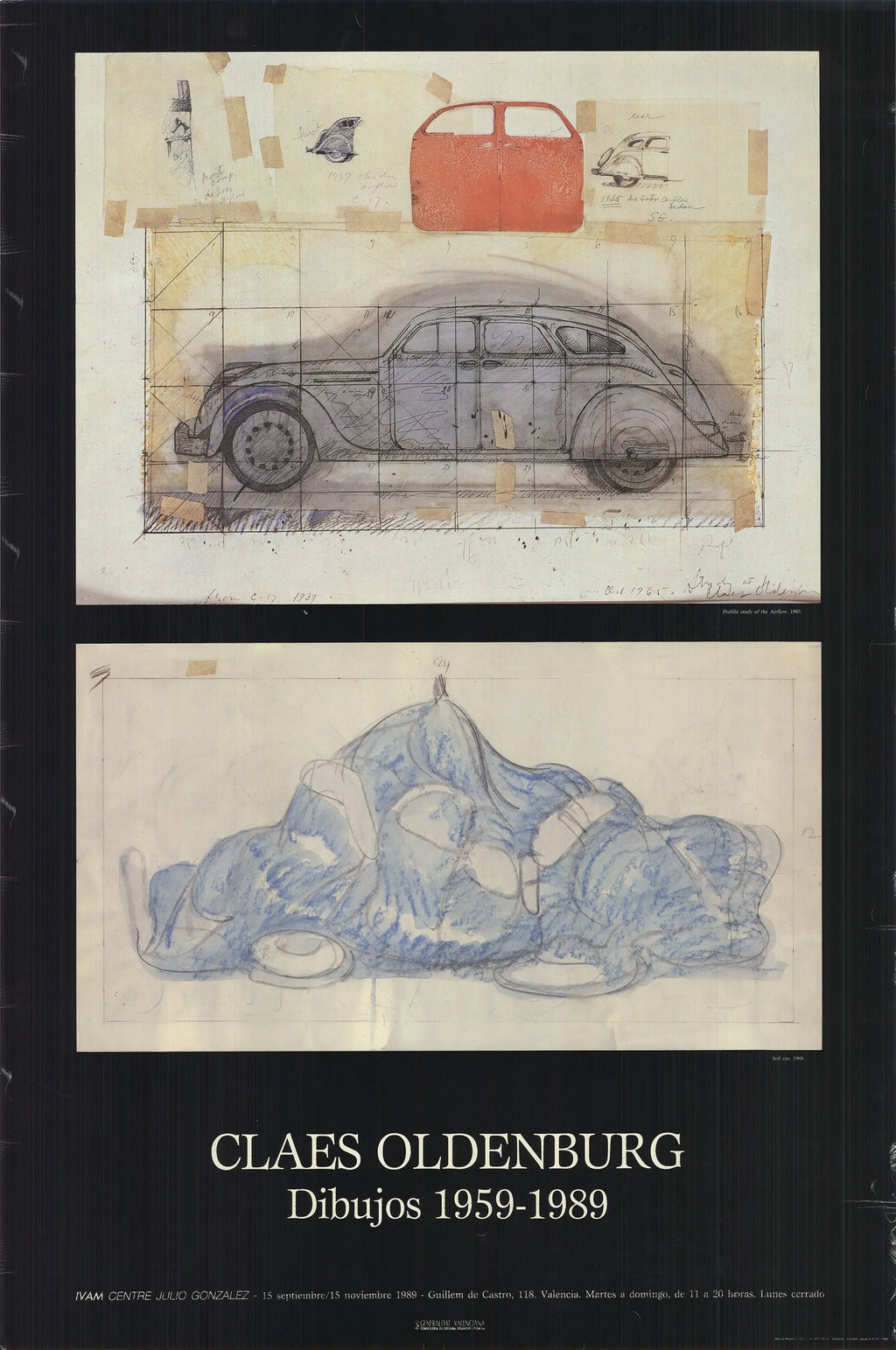 Offset lithograph poster of Claes Oldenburg drawings from 1959-1989 exhibition, featuring colorful abstract artwork.
