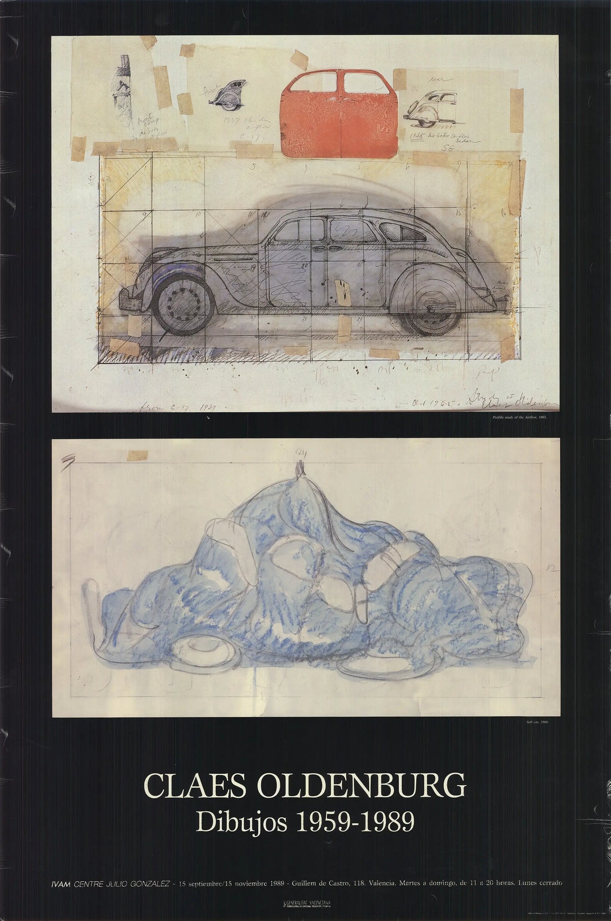 Offset lithograph poster of Claes Oldenburg drawings from 1959-1989 exhibition, featuring colorful abstract artwork.