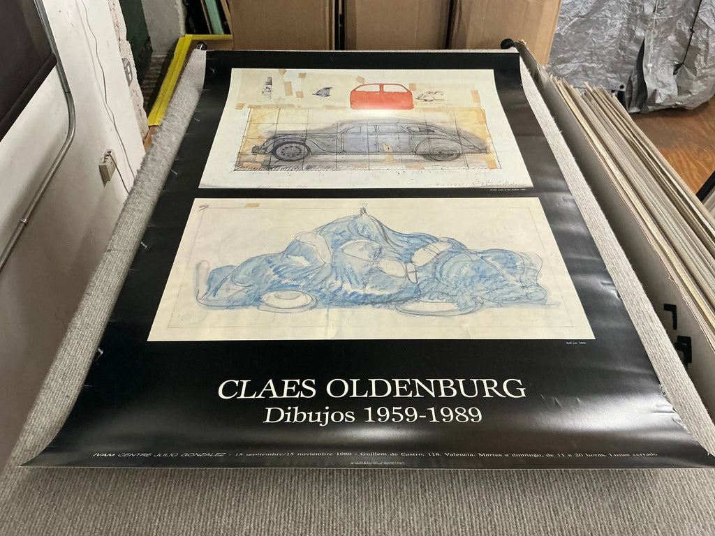Offset lithograph poster of Claes Oldenburg's drawings from 1959-1989 exhibition, showcasing colorful sketches and artwork details.
