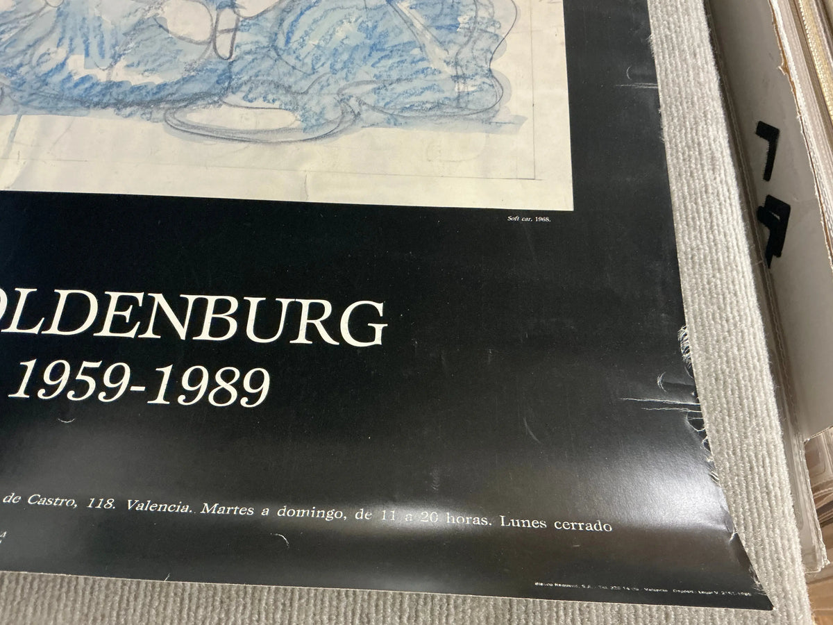 Offset lithograph poster of Claes Oldenburg drawings from 1959-1989 exhibition, showcasing colorful sketches and artwork details.