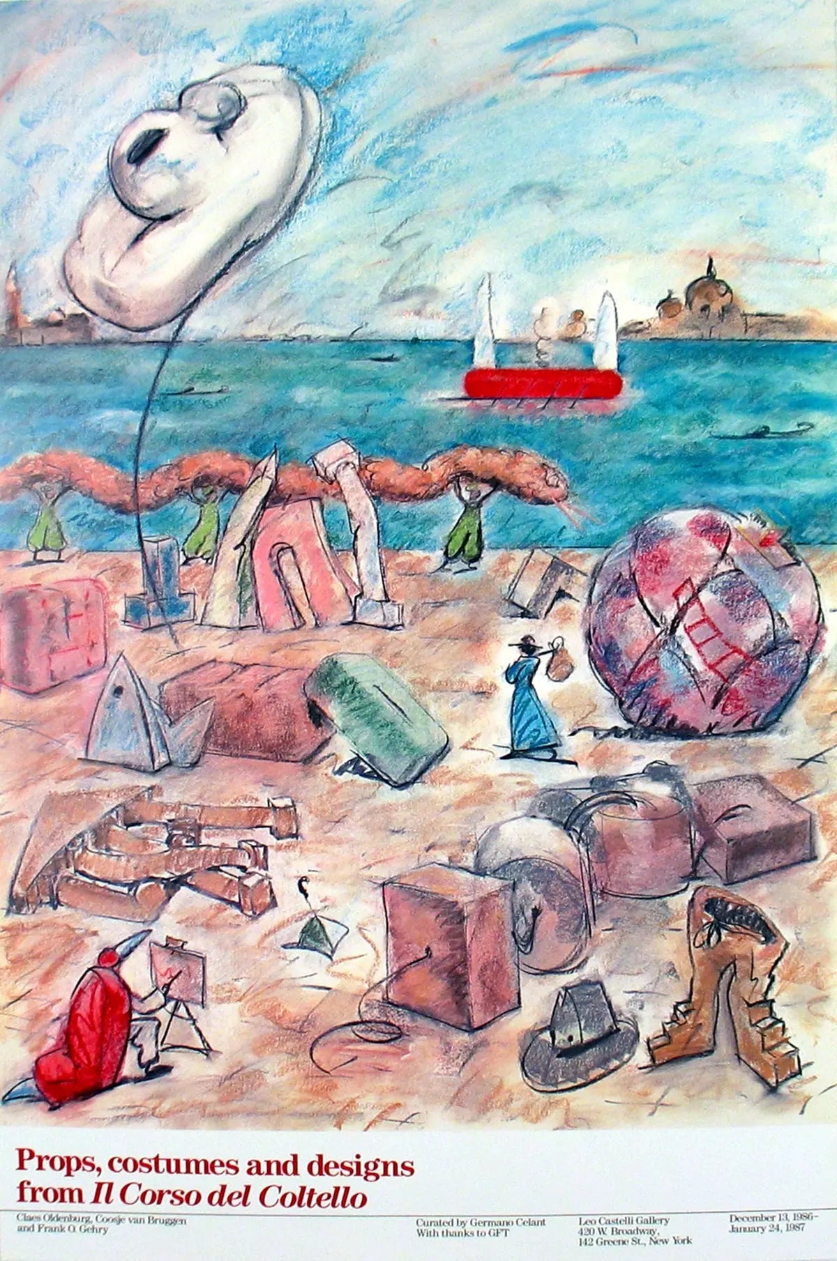 Offset lithograph poster by Claes Oldenburg titled Il Corso del Coltello 1986, featuring colorful abstract artwork.
