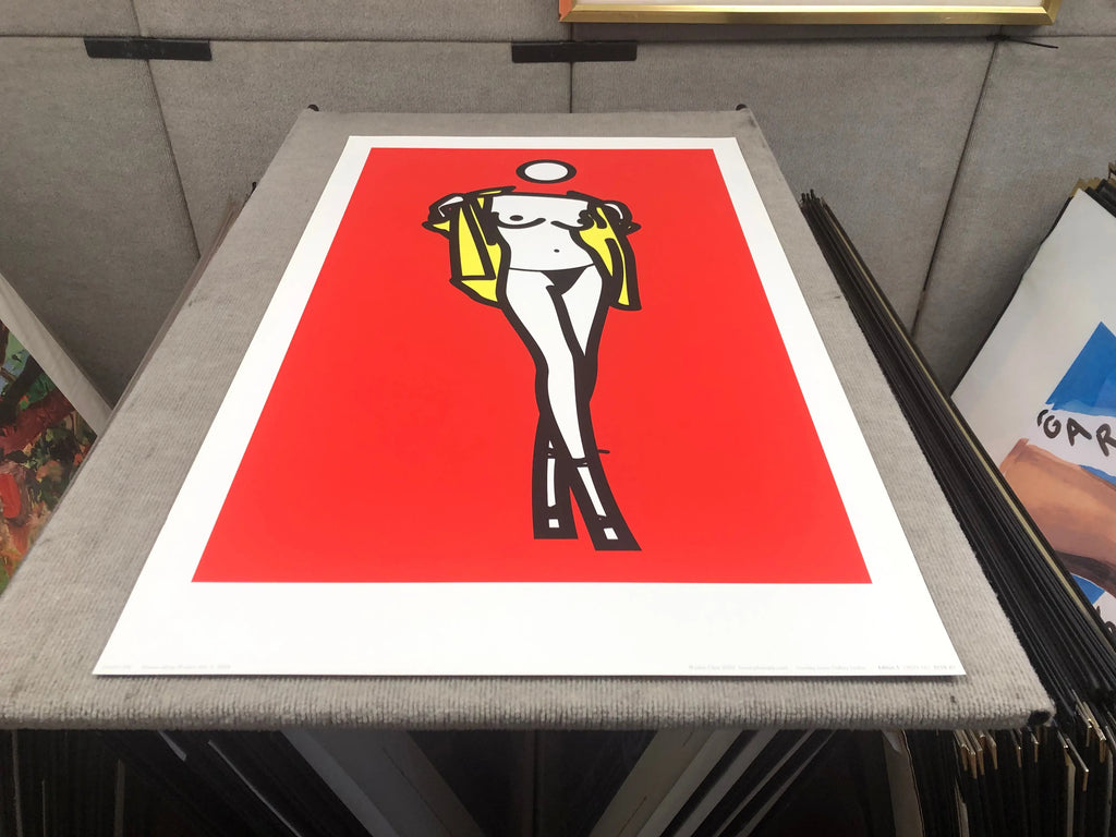 Julian Opie serigraph poster of a woman taking off a man's shirt, created in 2003, featuring bold, simplified figures.