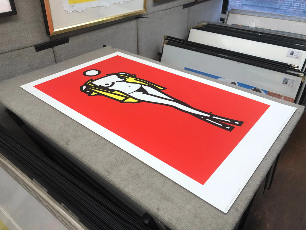 Julian Opie serigraph poster showing a woman taking off a man's shirt, created in 2003 with bold, minimalistic art style.