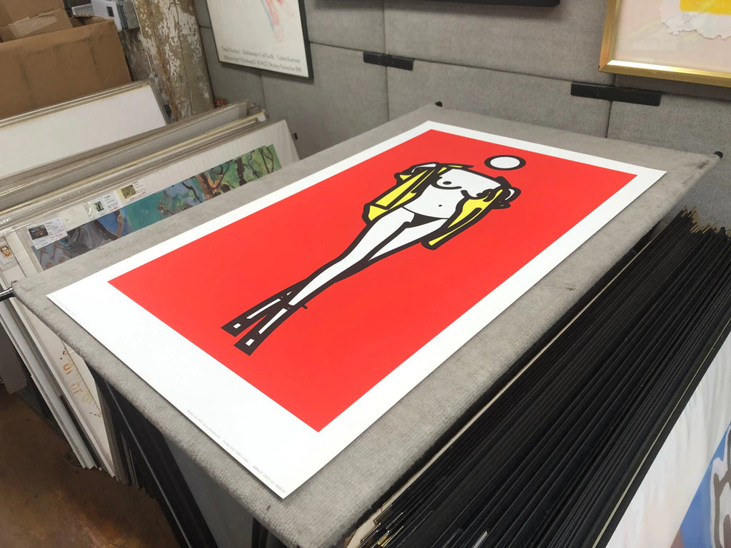 Julian Opie serigraph poster of a woman taking off a man's shirt, 2003, featuring minimalistic, bold line art style.