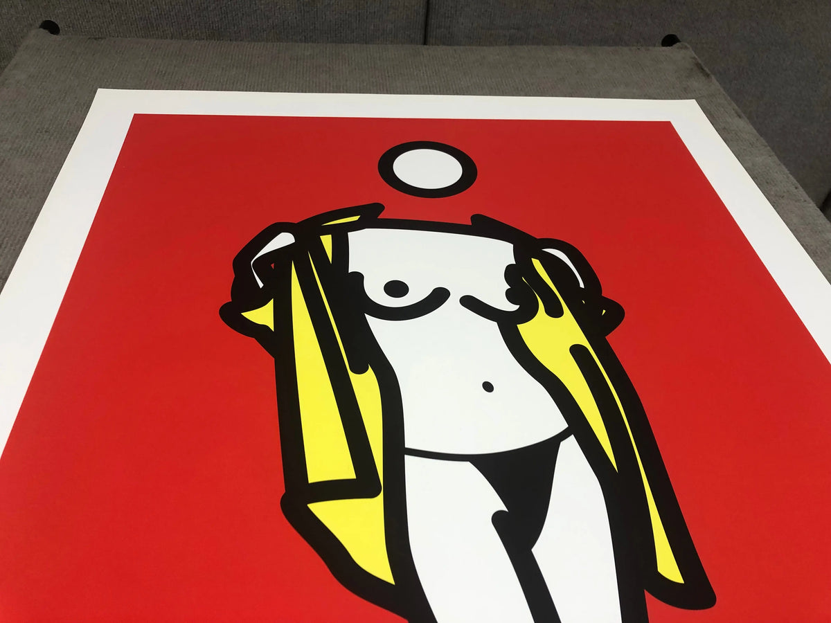Julian Opie serigraph poster features a woman removing a man's shirt in a minimalist, modern art style from 2003.