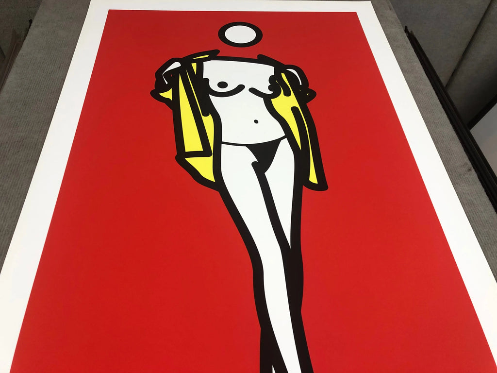 Julian Opie woman removing man’s shirt 2003 serigraph poster, colorful modern artwork with stylized figures.