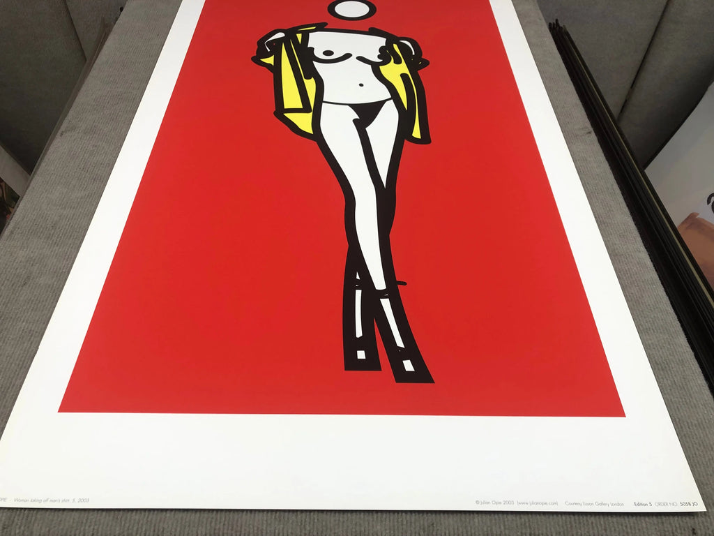 Julian Opie serigraph poster of a woman taking off a man's shirt, 2003, colorful modern art print with bold lines and minimal detail.