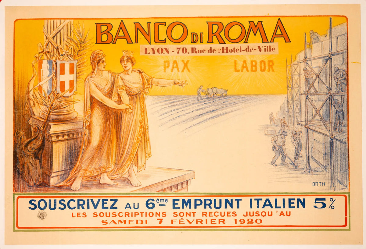Original 1920 Banco di Roma Emprunt National lithograph poster by Orth, featuring vintage banking artwork in muted tones.