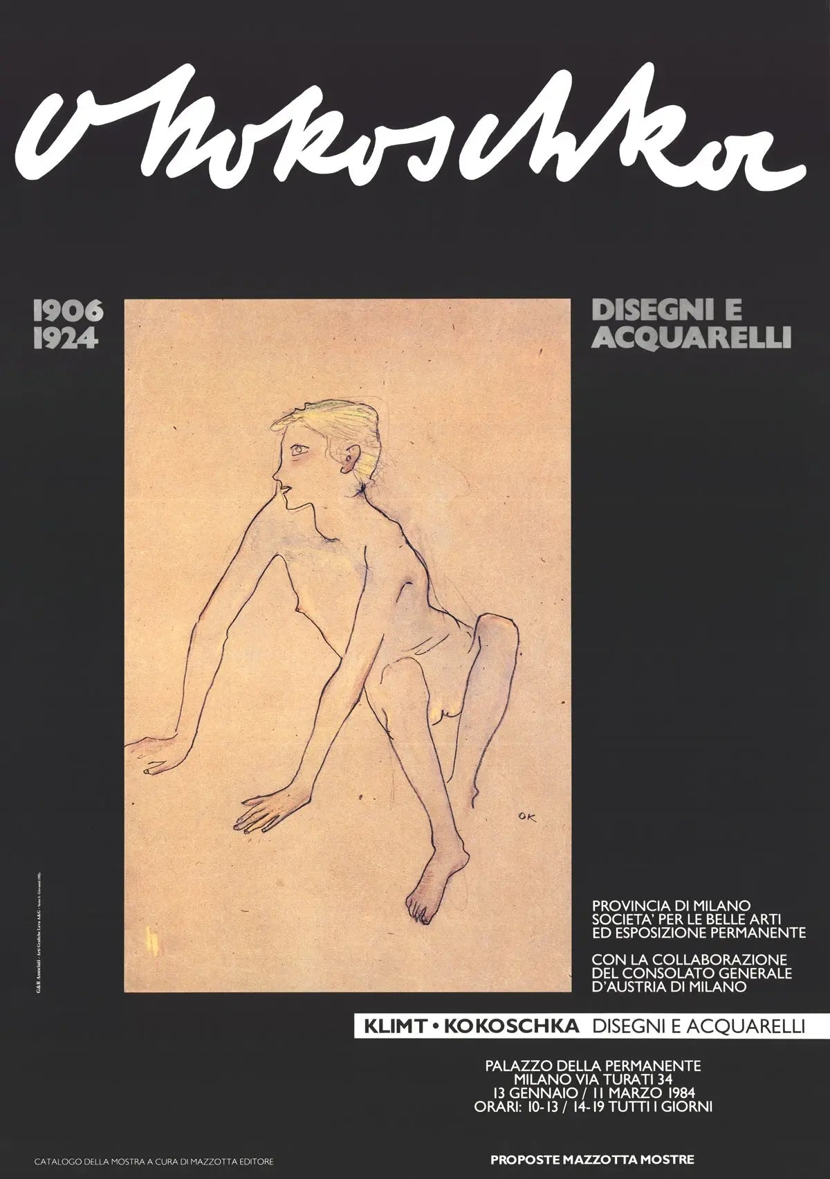 Vintage Oskar Kokoschka drawings and watercolours 1983 exhibition poster, featuring his artwork and lithograph design.