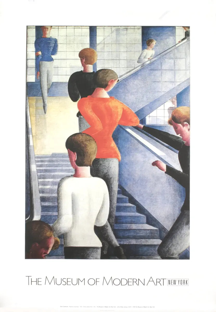 Oskar Schlemmer Bauhaus Stairway framed large format offset lithograph poster showcasing geometric abstract art and bold lines.