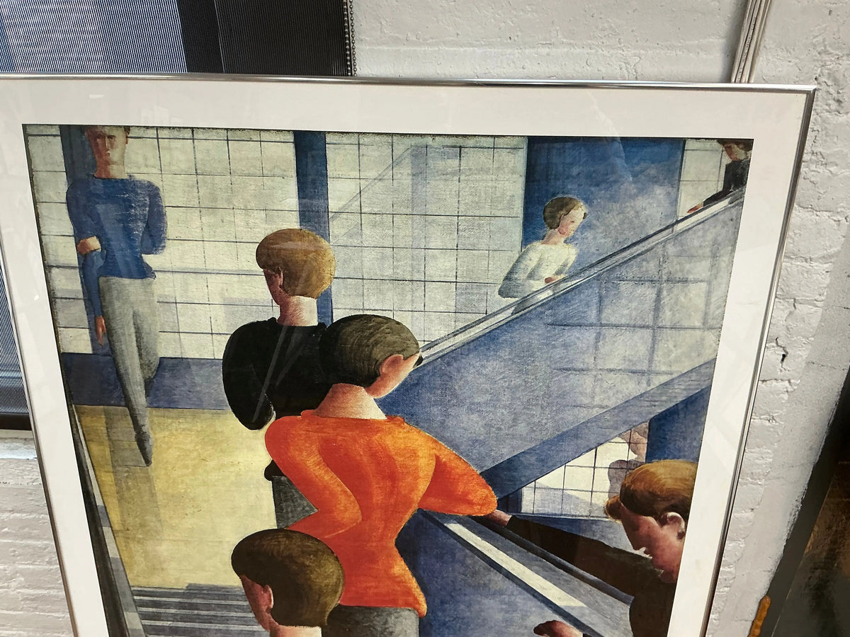 Large framed Oskar Schlemmer Bauhaus Stairway offset lithograph poster showcasing abstract geometric design and vibrant colors.