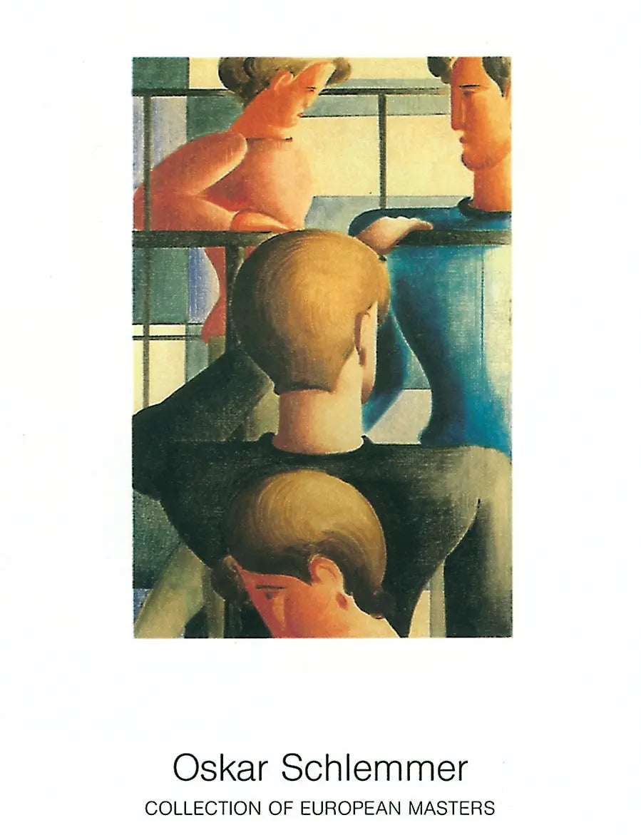 Oskar Schlemmer Gruppe Am Geländer 1988 offset lithograph art poster, featuring abstract geometric figures and artistic design.