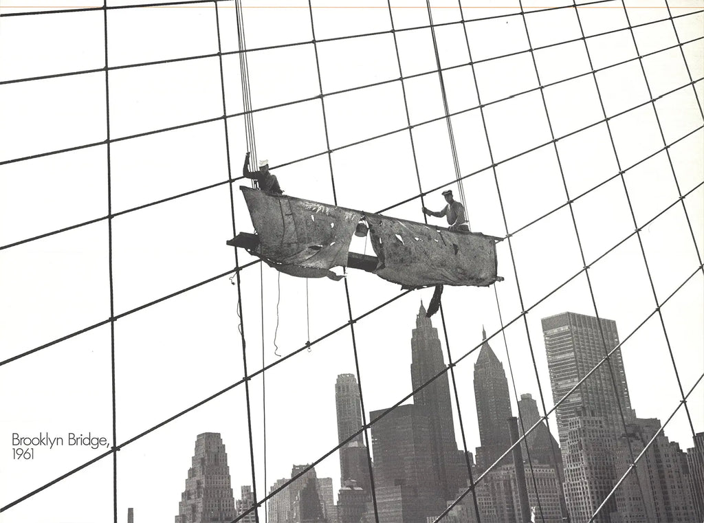 Otto Bettmann lithograph poster of workers on the Brooklyn Bridge, 1991, showcasing detailed historical artwork and vintage style.